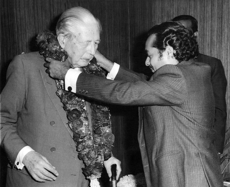 MCAbraham-Macmillan2 M. C. Abraham welcoming Sir Harold Macmillan